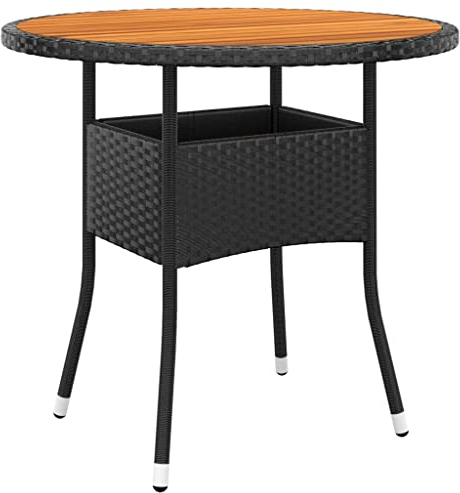 FIRBNUS 80x75 cm Sofatisch Beistelltisch Couchtisch Garten Teetisch Wasserbeständiges Terrassentisch Kaffeetisch Schwarz Esstisch Rund Outdoor Tisch Akazienholz und Poly Rattan