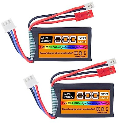 2PCS 7.4V LiPo 2S 50C 800mAh with JST and PH2.0 plug for SCX24 RC Car Battery, Compatible with most 1/10, 1/16, 1/18, 1/24 Scale RC Car, Truck and RC Drone Batteries