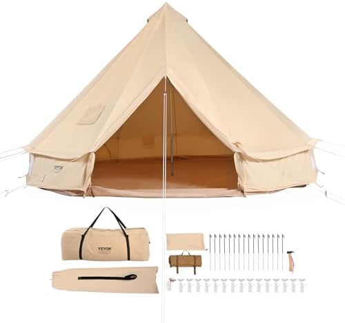 VEVOR Tienda de Campana de Lona de 7m, Carpa de Yurta para 4 Estaciones Tienda de Campaña Familiar con Agujero para Estufa de Leña y Bolsas de Almacenamiento para Glamping de hasta 12 Personas, Fiesta
