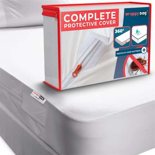WRAPPYBAG Bed Bugs Mattress Protector - Mattress Cover - Zipped Mattress Protector - Waterproof - Cotton Surface - Double Size