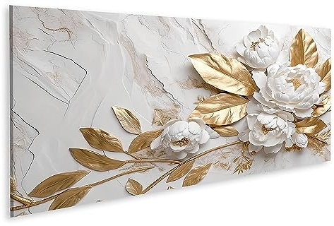 islandburner Bild auf Leinwand Marmor Textur Weiß Gold Farben Goldene Blumen Luxuriöses Design Bilder Wandbilder Poster JCTS-Pano