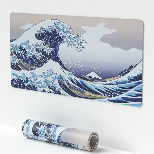Grand tapis de souris Kanagawa avec base antidérapante et motif vagues de mer japonaises, tapis de clavier 57,4 x 30 cm, protection de bureau (vagues bleues)