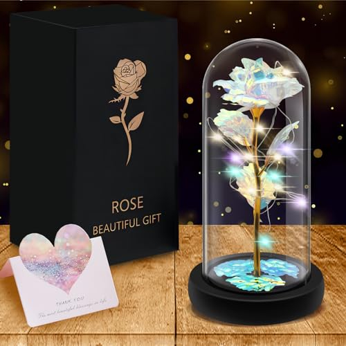 Byifan Fiori di Rosa con Luce a LED, Fiore Artificiale Rosa Regalo per Donne Mamma Moglie, Fiore Rosa in Cupola di Vetro Regalo per Festa della Mamma, Matrimonio, Compleanno, Natale