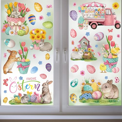 9 Blätter Ostern Fensterbilder Selbstklebend, Fensterdekoration Ostern Wiederverwendbar mit Hasen Ostereier Muster, Fenster Aufkleber Dekorationen für Ostern (B)