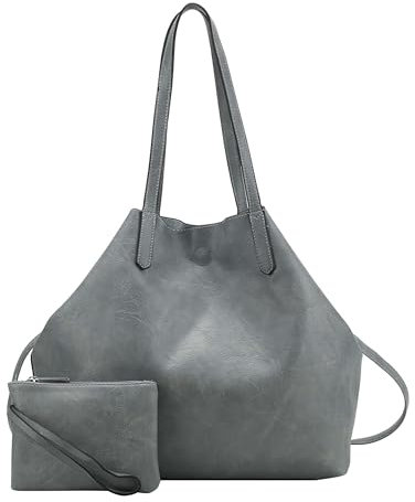 OBC Damen XXL Tasche Set 3in1 Shopper Handtasche Crossbody Hobo Bag Schultertasche Umhängetasche Cross-Over DIN-A4 Damentasche Reisetasche Beuteltasche Leder Optik Grau
