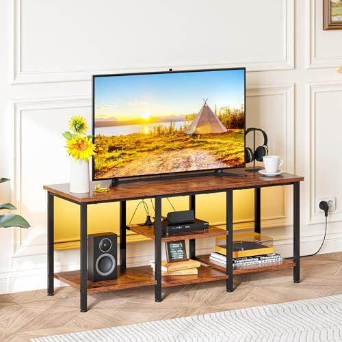 Dripex Meuble TV avec éclairage LED e Multiprise, 3 Prises CA, 2 Ports USB pour Télévision Jusqu’à 55 Pouces, Support Télé, Longueur 120 cm, Marron Rustique