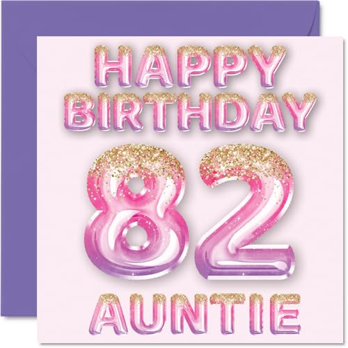 82nd Birthday Card for Auntie, Pink & Purple Glitter Balloons | Happy Birthday Cards for 82 Year Old Aunt Aunty from Nephew Niece, 145mm Bday Greeting Cards Gift