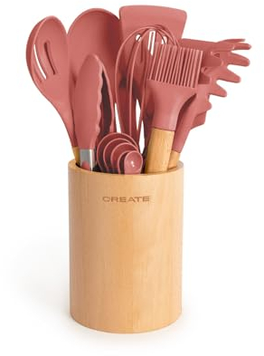 CREATE/Set de utensilios terracota y madera / 11 utensilios, silicona y madera de haya, libres de BPA, resistente al calor hasta 230°C