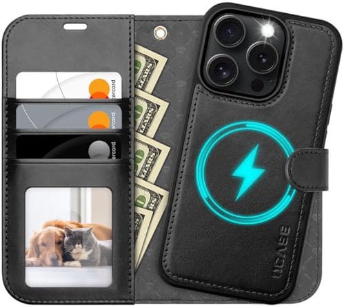 OCASE for iPhone 16 Pro Case, Detachable 2 in 1 PU Leather Wallet Case with RFID Blocking, Wireless Charging, Card Holders, Kickstand, Shockproof Removable Phone Cover, Black Graphite