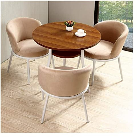 Runder Tisch und Stuhl aus Massivholz für Büro, Büro, Esszimmer, 1 Tisch und 3 Stühle, Walnussholz, Khaki, elegante und funktionale Möbellösung