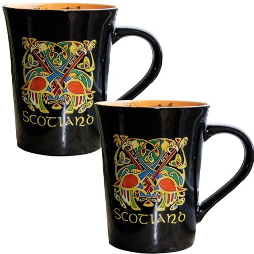 I LUV LTD Scotland Tea and Coffee Ceramic Mug in Black with Traditional Celtic Design On Inside & Out Set of 2