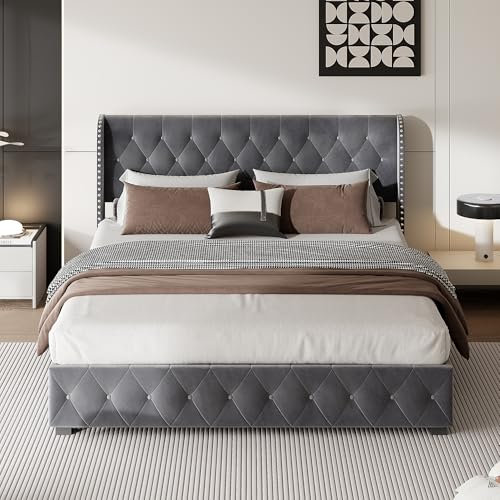 ADFUNIT Polsterbett Doppelbett 180x200 cm, Hydraulisch Stauraumbett mit Kopfteil und Lattenrost, Bettgestell für Erwachsene und Jugendliche, Ohne Matratze, Samt Grau