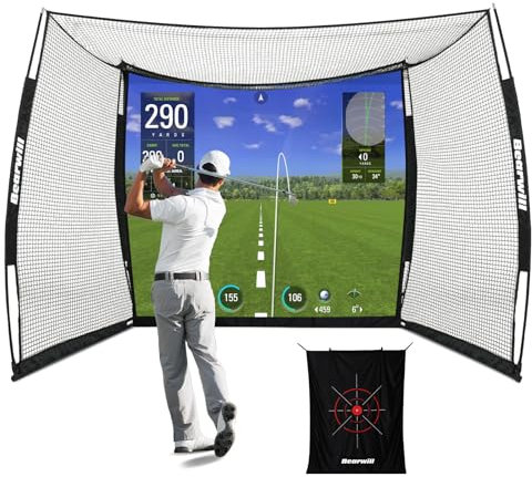 Golf Net with Simulator Impact Screen, 11 FT x 8 FT Golf Practice Hitting Net, HD Blank Impact Screen and Target Cloth for Driving Swing, Home Garage Backyard