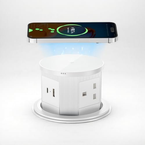 Pop up Socket with 15W Wireless Fast Charger, Safe Touchscreen Pop up Power Sockets Automatic Pop-up Extension Socket with USB & Type C Port for Home Kitchen Office Worktops Desktop (White)