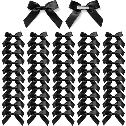 MORSUNBELA Schwarze Schleifen Deko Kleine Geschenkschleifen Selbstklebend Satin Schleife Geschenk für Valentinstag Hochzeit Weihnachten Dekoration Karte Herstellung 50 Stück