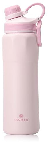 SANTECO Trinkflasche Edelstahl mit Verlustsichere Deckels, Thermosflasche 830ml BPA-Frei mit Tragering, Wasserflasche Auslaufsicher Isolierflasche Spülmaschinenfest für Fahrrad Wandern Rosa