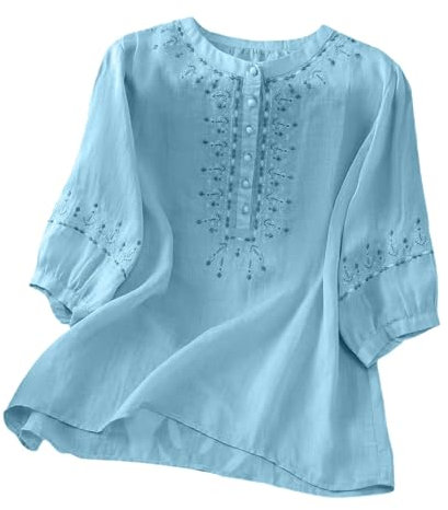Beach Cover Ups and Kaftans Linen Shirt Women Summer Embroidery Linen Tunic Tops Retro Jacquard Short Sleeve Boho Blouse Casual Loose Fit Flowy Hem Tee Deals of The Day Sale Prime