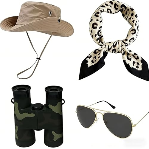 RAOPNHS 4 Stk Jäger Geschenke Set für Outdoor Abenteuer, Safari Hut mit Kinnriemen, Safari Kleidung Damen Zubehör, Fernglas in Tarnmuster, Pilot Brille & Leoparden Halstuch, Khaki Camo