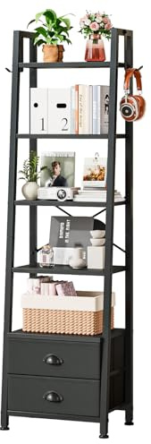 Wooruy Scaffale a scaletta a 5 ripiani, libreria angolare stretta con 2 cassetti, unità portaoggetti con ripiani, libreria per soggiorno, casa, ufficio, camera da letto (nero)