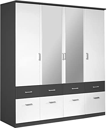 Kleiderschrank Schlafzimmerschrank Drehtürenschrank | 4-türig | Dekor | Grau | Weiß | 181x199x56 cm