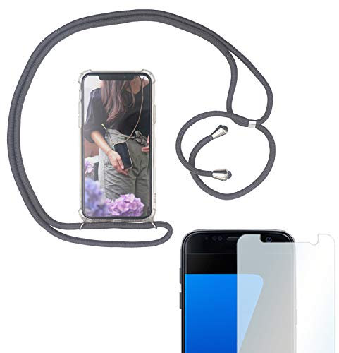 Eximmobile Handykette + Folie Schutzhülle kompatibel mit Huawei P20 Pro Handy Hülle mit Band Seil in Grau Schnur Case zum Umhängen Handytasche Umhängehülle Kette Kordel Silikoncase zum Tragen