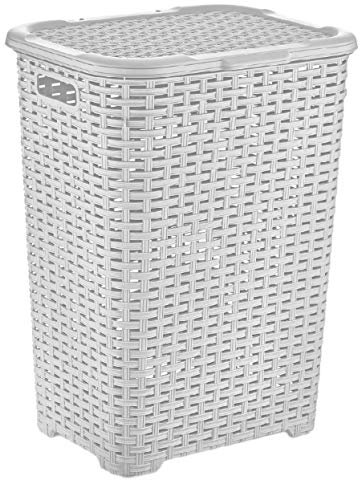 Muddy Hands 60 Litre Plastic Laundry Basket with Lid Large Rattan Washing Clothes Storage Hamper Bin (White)