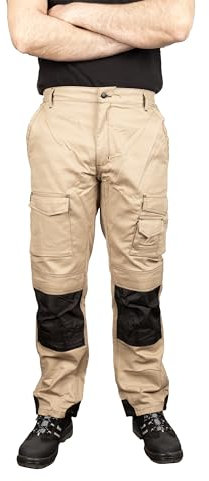 Security Lines Men's Highland Multibolsillos Work Pants Pantalones de Seguridad con Cremallera YKK Pantalones elásticos tamaño de Cintura - 34 a 60 (Beige/Negro, 36)