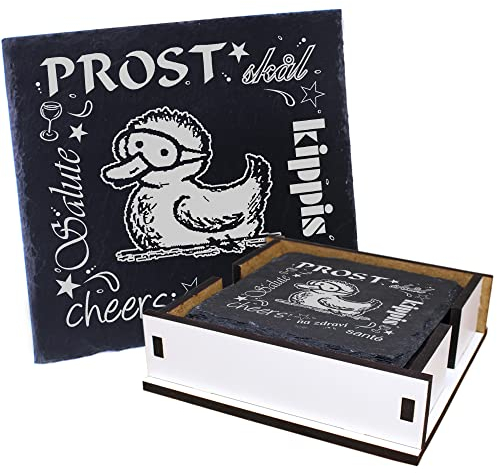 5X Schiefer Untersetzer - Prost Ente mit Taucherbrille - inkl. Holzbox & Flaschenuntersetzer Deko Glasuntersetzer Tassenuntersetzer