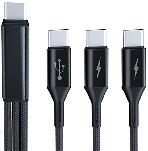 USB C Splitter 1 zu 3, GELRHONR USB-C-Stecker auf 3 Typ-C-Stecker, Ladekabel Nylon-geflochtenes, 5 A Schnellladung, kompatibel mit Handys, Tablets und Typ-C-Gerät (0,2 m), Schwarz