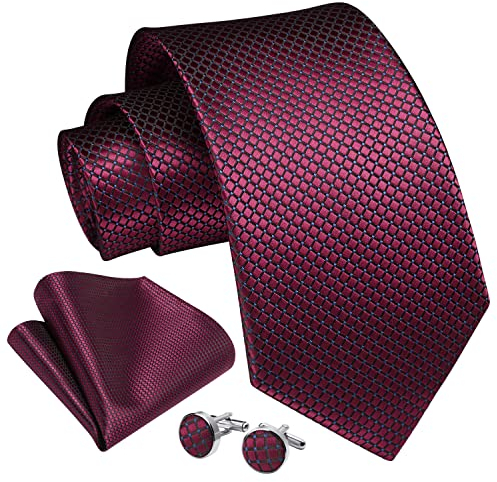 Enlision Cravate Bordeaux Homme Mariage À Carreaux Cravate et Pochette et Boutons de Manchette Ensemble Mouchoir Élégant Travail Fête