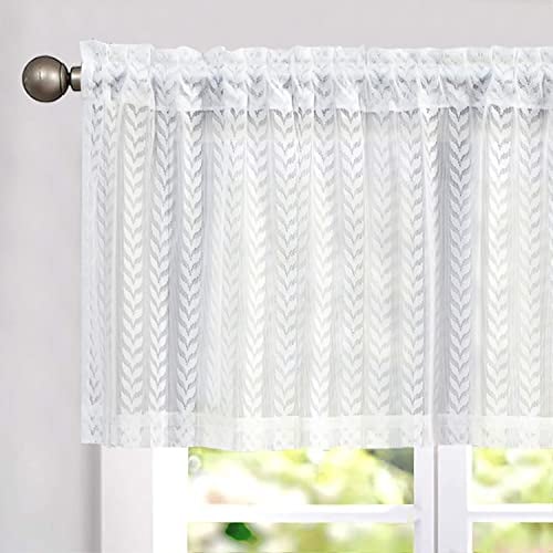 TOPICK 1 Schal H 40 x B 140 (cm) Scheibengardine Weiß mit Spitze Transparente Gardine Lace Bistrogardine Küche Kettenwirken Stores Halbtransparent Lichtdurchlässig Vorhang für Klein Fenster