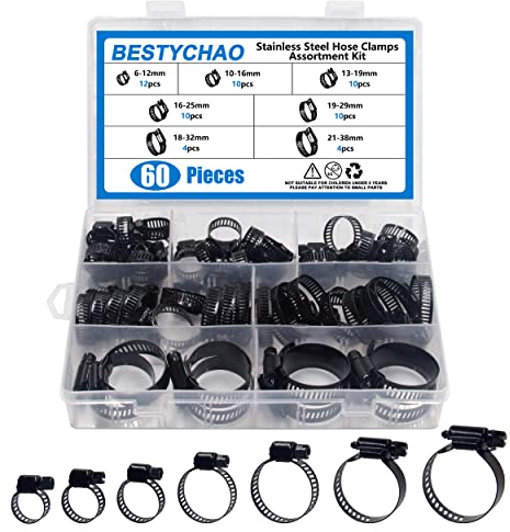 BESTYCHAO 60-teiliges Schneckengetriebe-Schlauchschellen-Sortiment aus Edelstahl mit einstellbarem Bereich 6-38mm (Schwarz)