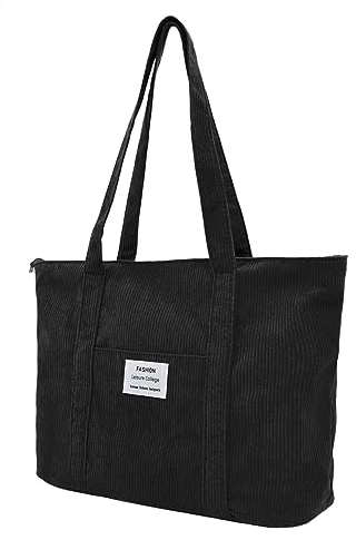 Damen Kord Groß Handtasche Tote Bag Shopper mit Reißverschluss für Bücher Reisen Alltag Schule Arbeit Einkauf schwarz