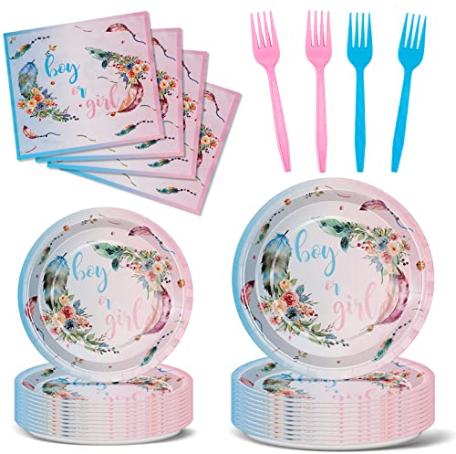 Nkaiso Vaisselle de fete, 96 Pièces Plumes Colorées Gender Reveal Party Supplies Baby Shower Décoration Mixte pour la Fêtes De Naissance Boy or Girl pour Party Decoration Baby Shower-24 Invités