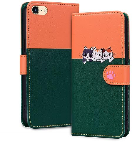 Tiyoo Lovely & Cute Flip Wallet Phone Case for iphone 7/8/iphone SE with Cartoon Cat&Dog Pattern,Premium Magnetic PU+TPU Leather for high protection Phone Cover for iphone 7/8/SE(Dark Green&Orange)