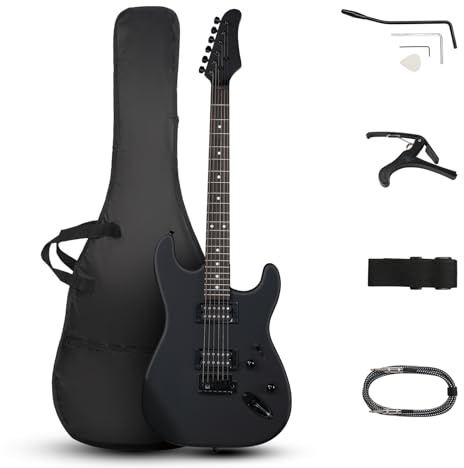 Ktaxon E-Gitarre, 99,1 cm (39 Zoll), 6-saitiger H-H-H-Festkörper-Tonabnehmer für Anfänger mit verbessertem Kabel und Gitarrenkapodaster, Tremolo-Arm, Tragetasche und Gurt (matte Rückseite)