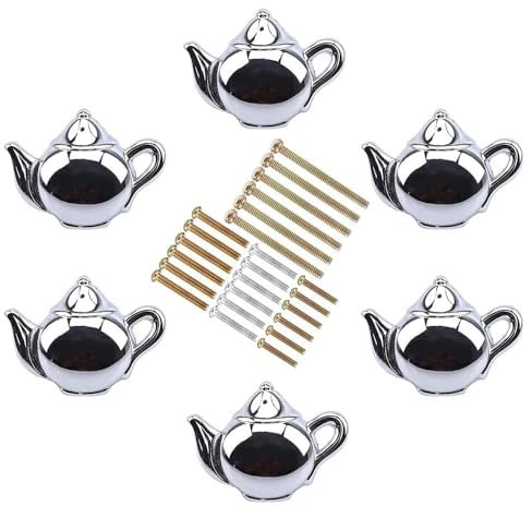 MayGreeny Teapot Shaped Drawer Knobs, Cupboard Door knobs, Cabinet knobs, Wardrobe Handles and Kitchen Cupboard Handles, Pack of 6 (Bright Chrome)