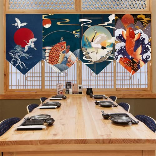 Hiseng 4 Pièces Japonais Porte Rideaux Courts Noren Rideau de Porte de Style Japonais Tenture Murale Drapeaux pour Sushis Rideau Panneau Décoration de la Maison (30x50cm,Style 8)