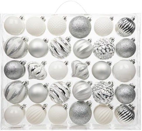 Oairse 60 Pcs Christmas Baubles Set - White & Silver Shatterproof Christmas Tree Decorations - Hanging Baubles Ornaments for Xmas Home Winter Wedding Holiday Party Decor