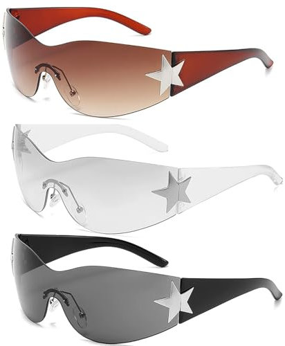 JOLIGAEA 3 Stück Y2K Wraparound Sonnenbrille, Punk Randlose Brille für Damen Herren, Punk Sonnenbrille mit Sternform-Tag für den Außenbereich, Sonnenschutz im Sommer, Alltagskleidung