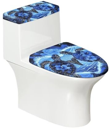 Tomeusey Juego de 2 fundas para tapa de inodoro, diseño de flor de tortuga azul, duradero, con borde elástico, accesorios universales para decoración del baño del hogar
