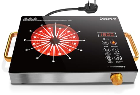 Disaenvir Portable Ceramic Hob Single Zone, 2000W Plug in Electric Hob with Safety Lock & Knobs & Touch Control, 36cm Built-in Cooktops for Hot Pot with 1 burner, 9 Power Levels, 4 Hour Timer