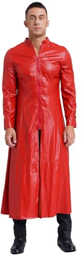 Jugaoge Herren Wetlook Mantel Casual Slim Fit Lange Jacke mit Reisverschluss Wasserdichte Windjacke Trenchcoat Herbst Winter Tunika Jacket Oberbekleidung Rot 4XL