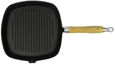 Tidyard Poêle de grill Fonte avec poignée en bois 20 x 20 cm
