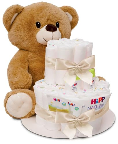 MilaBoo® beige Windeltorte mit kuscheligen großen Teddybär I hochwertiges Neugeborenen Geschenk mit Windeln und Produkten I persönliches Babygeschenk zur Geburt (beige groß)