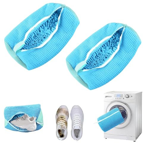 2 Stück Schuhbeutel Waschmaschine, Wiederverwendbarer Schuhwaschbeutel, Wäschenetz Schuhe mit 360°-Reinigungsflaum, Schuhsack Waschmaschine für Washing Machine, alle Schuharten und Größen (Blau)