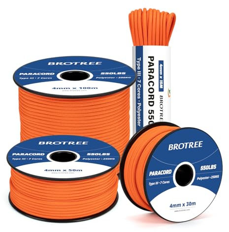 Brotree 550 Paracord 4mm 15m Schnur 100% Polyester Seil Reißfest Typ III 7 Kern für Armbänder, Basteln, Outdoor, Camping, Survival - Orange