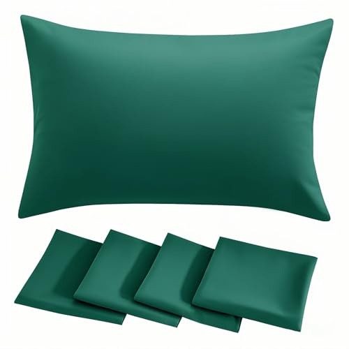 RUIKASI Green Pillow Cases 4 Pack - Forest Green Plain Pillowcases with Envelope Closure Breathable Premium Brushed Microfiber Set of 4 Pillow Covers Standard 50x75 cm