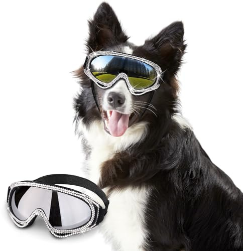 WOOFUU Pet Sunglasses for Dogs and Cats – UV Protection Glasses with Diamond Accents, Silver-Reflective Lenses, Lightweight & Secure Fit (for Medium to Large Breeds)