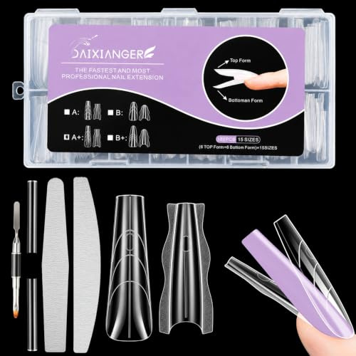 180 Stück Sandwich Dual Nail Form Set, Dual Tips Nägel, Nagelschablonen Set | für Polygel mit Feile & Pinsel, Nagelverlängerung Schablone für Anfänger, Profis & Salon DIY (Trapez)
